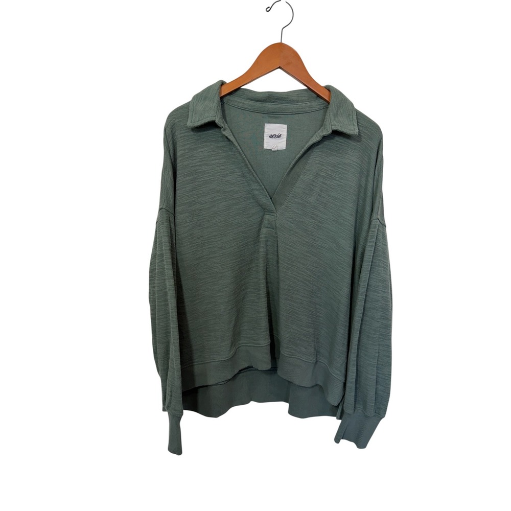 Aerie Women‎ Sage Green Polo Pullover Large Oversized Knit Cotton Blend Relaxed
